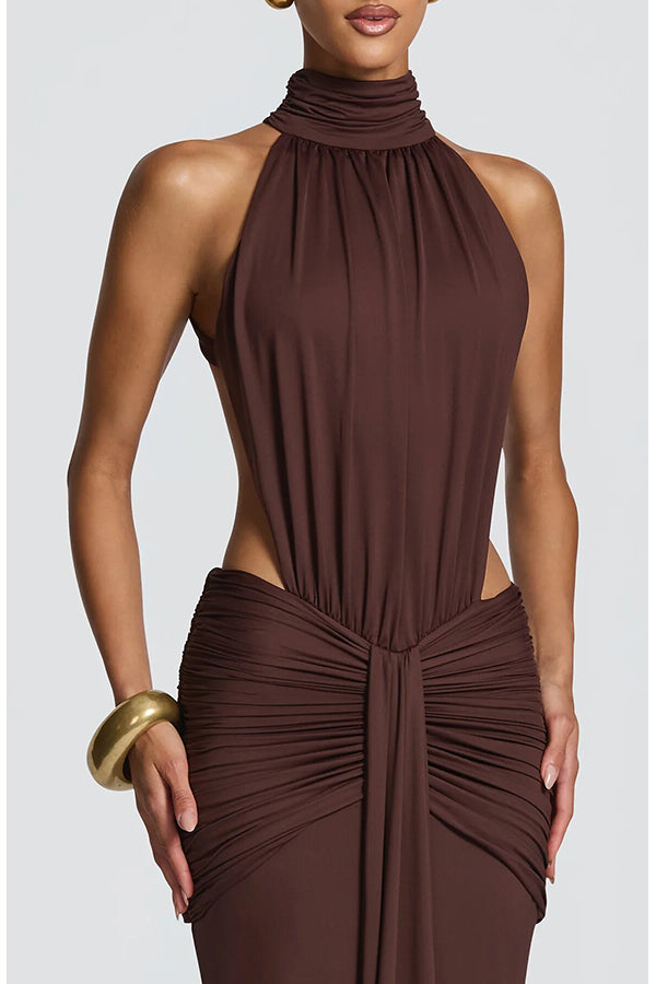 Thekla Stretch Slinky Jersey High Neck Ruched Backless Drape Maxi Dress