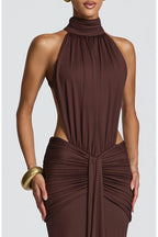 Thekla Stretch Slinky Jersey High Neck Ruched Backless Drape Maxi Dress