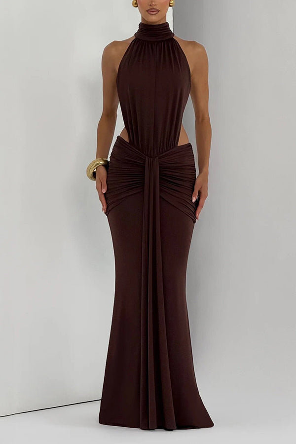 Thekla Stretch Slinky Jersey High Neck Ruched Backless Drape Maxi Dress