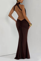 Thekla Stretch Slinky Jersey High Neck Ruched Backless Drape Maxi Dress