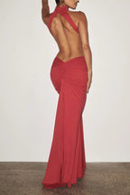 Thekla Stretch Slinky Jersey High Neck Ruched Backless Drape Maxi Dress