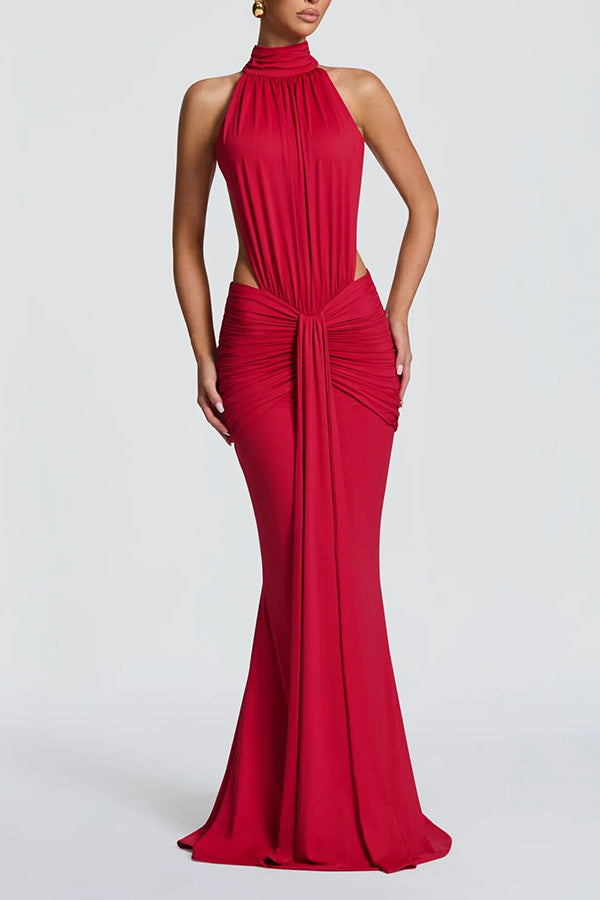 Thekla Stretch Slinky Jersey High Neck Ruched Backless Drape Maxi Dress