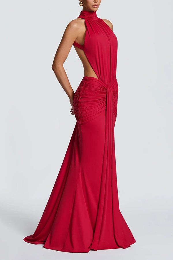 Thekla Stretch Slinky Jersey High Neck Ruched Backless Drape Maxi Dress