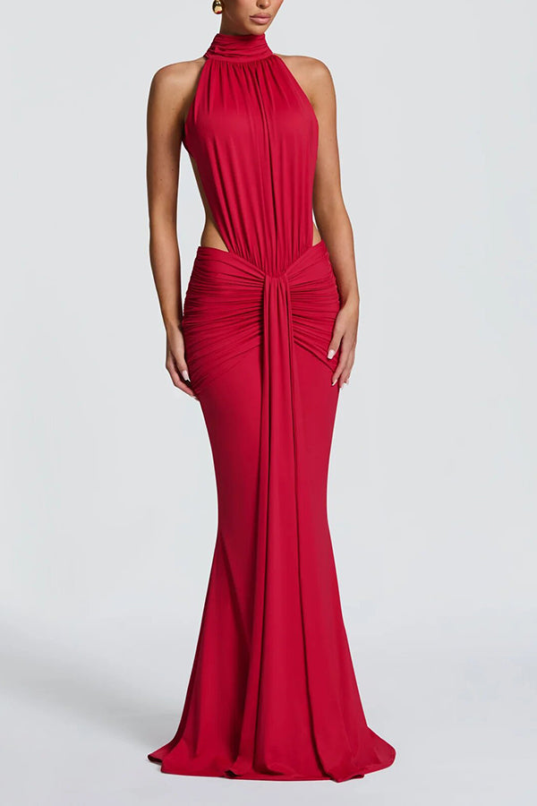 Thekla Stretch Slinky Jersey High Neck Ruched Backless Drape Maxi Dress