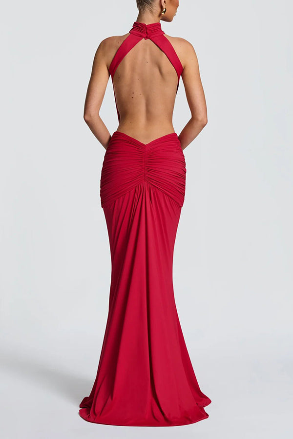 Thekla Stretch Slinky Jersey High Neck Ruched Backless Drape Maxi Dress