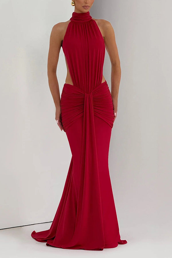 Thekla Stretch Slinky Jersey High Neck Ruched Backless Drape Maxi Dress