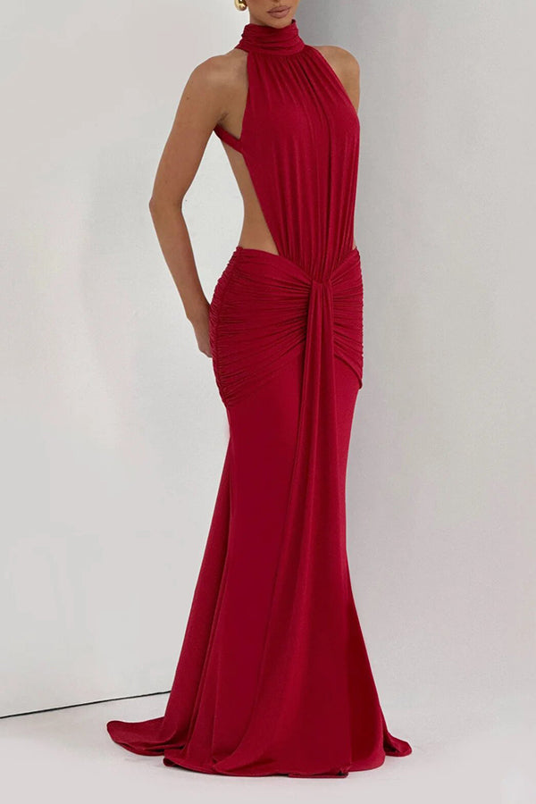 Thekla Stretch Slinky Jersey High Neck Ruched Backless Drape Maxi Dress