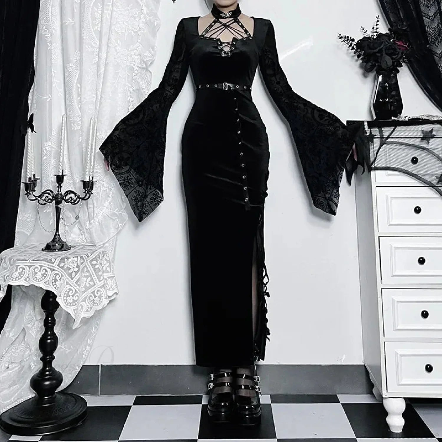 Thin Suede Separated Flared Full-Length Dress