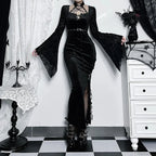 Thin Suede Separated Flared Full-Length Dress