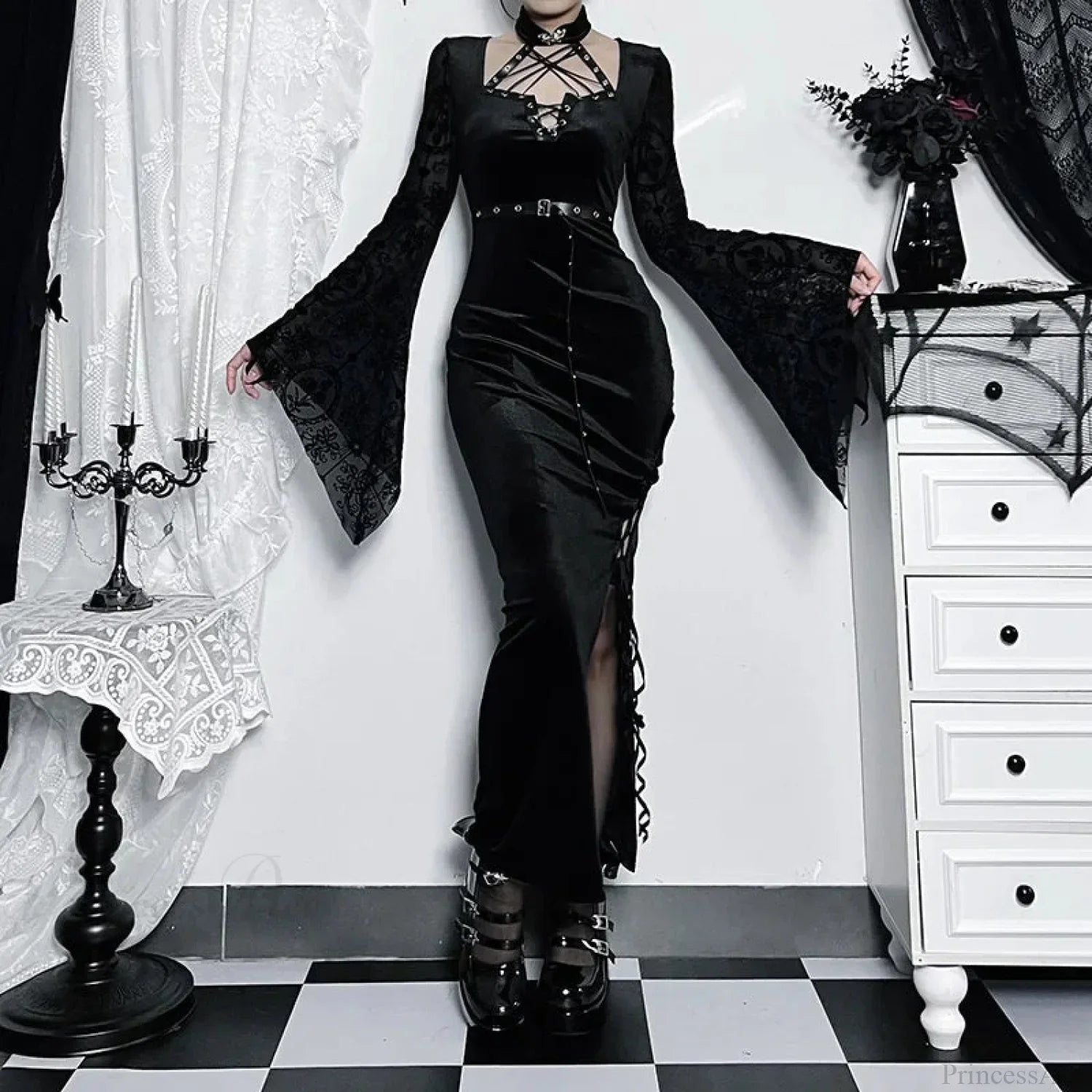 Thin Suede Separated Flared Full-Length Dress