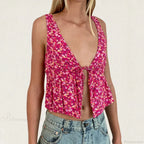 Tie Front Underbust Drawcord Floral Print V Neck Sleeveless Fairy Backless Crop Top