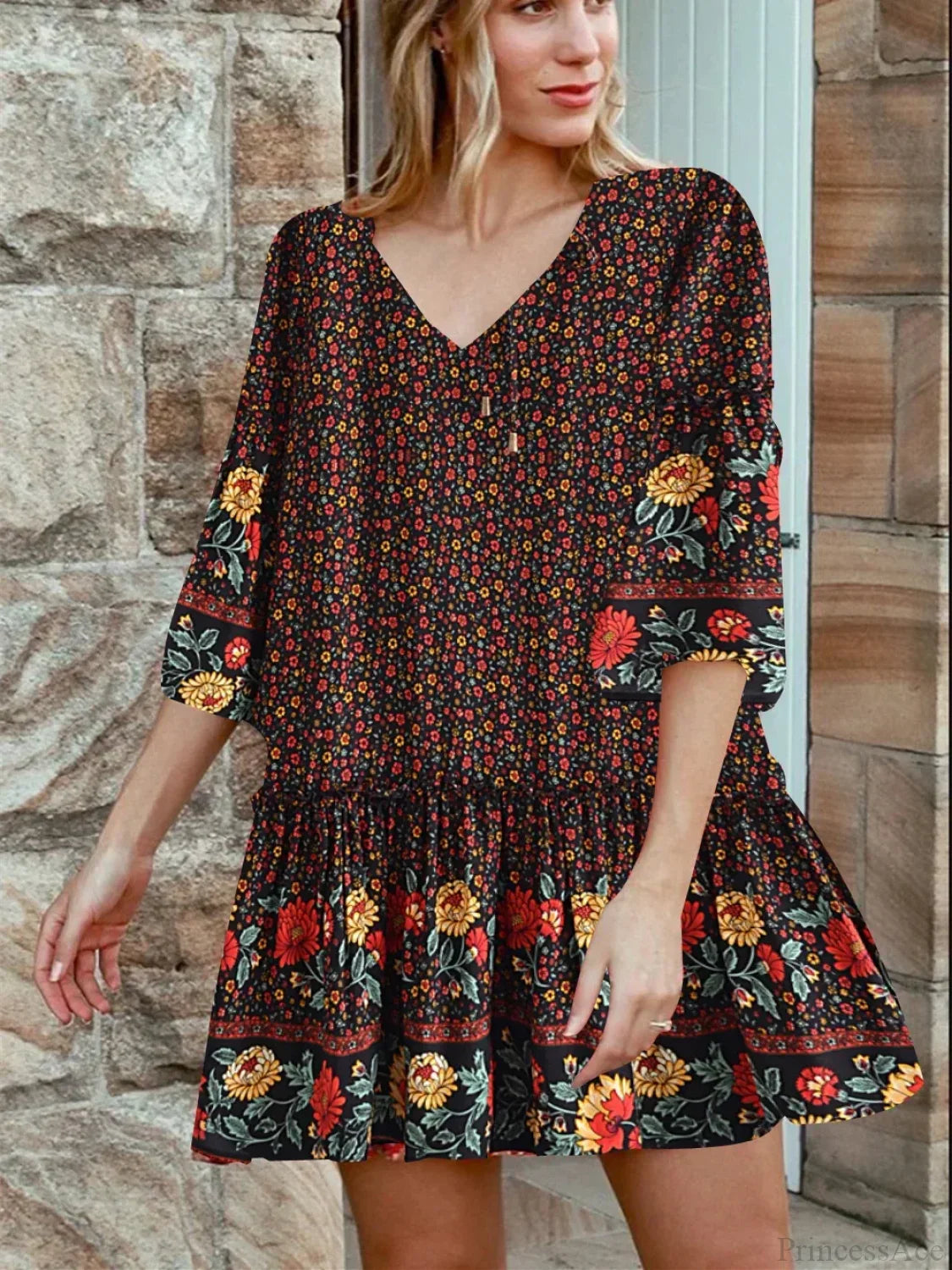 Tie Neck Ruffles Floral Print Rayon Summer Mini Vacation Boho Dress