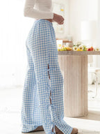 Tie-Up Plaid Stripe Loose Polyester Wide Leg Pant