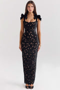 Square Neck Velvet Bow Strap Floral Lace Overlay Column Maxi Gown