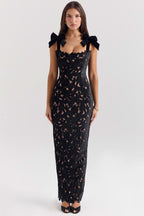 Square Neck Velvet Bow Strap Floral Lace Overlay Column Maxi Gown