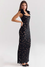 Square Neck Velvet Bow Strap Floral Lace Overlay Column Maxi Gown