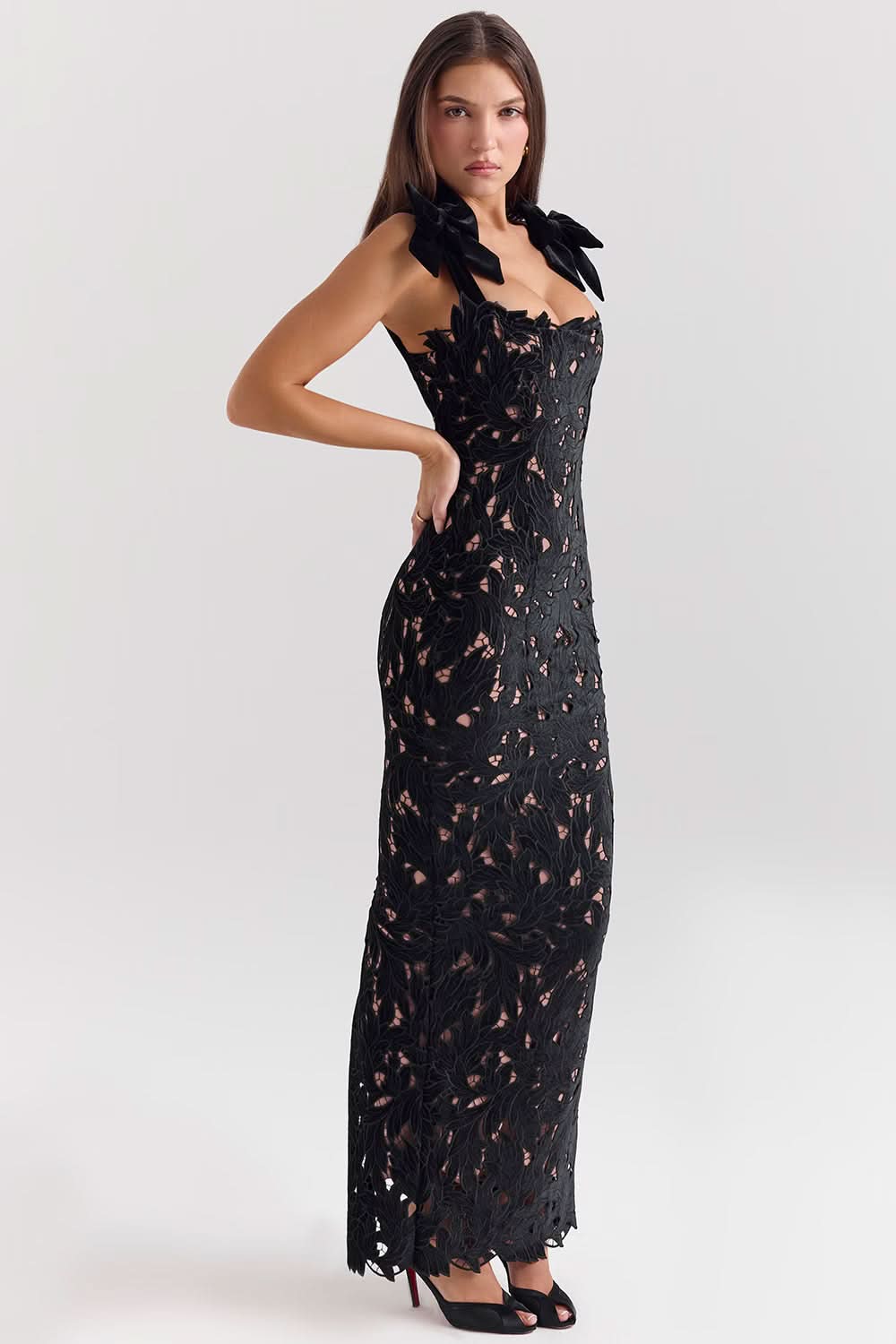 Square Neck Velvet Bow Strap Floral Lace Overlay Column Maxi Gown