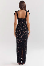 Square Neck Velvet Bow Strap Floral Lace Overlay Column Maxi Gown