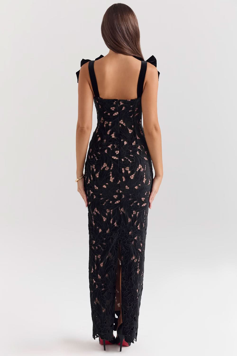 Square Neck Velvet Bow Strap Floral Lace Overlay Column Maxi Gown