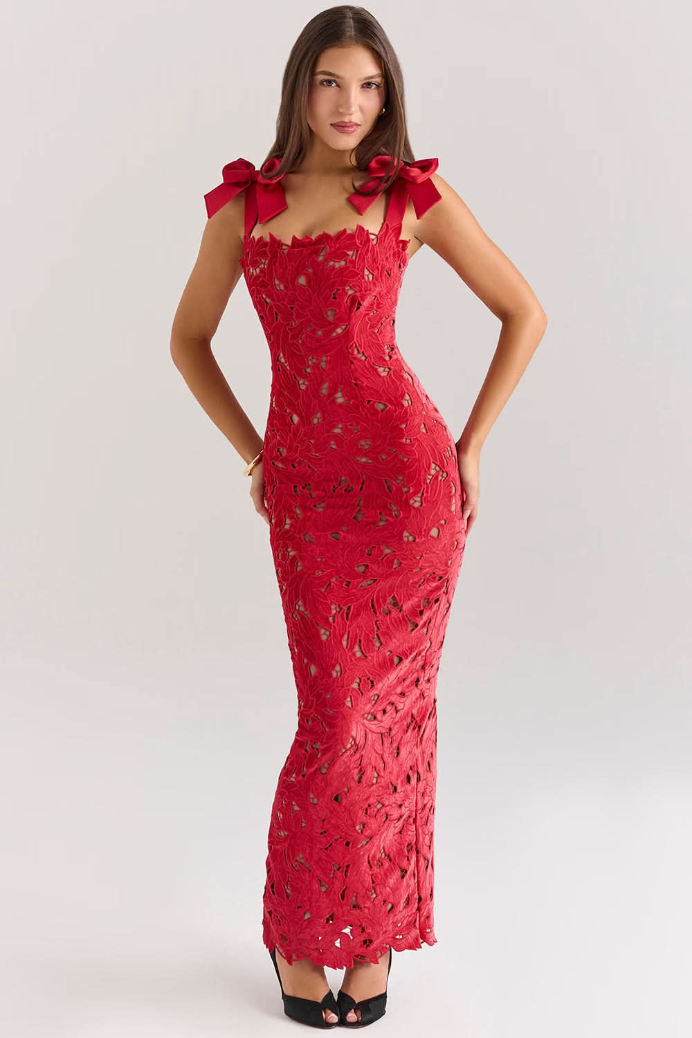Square Neck Velvet Bow Strap Floral Lace Overlay Column Maxi Gown