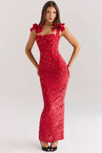 Square Neck Velvet Bow Strap Floral Lace Overlay Column Maxi Gown