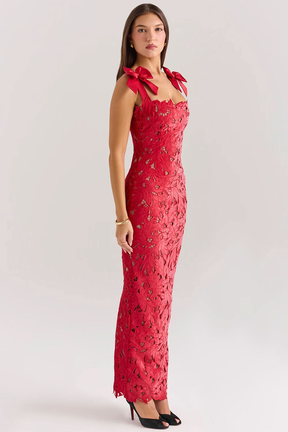 Square Neck Velvet Bow Strap Floral Lace Overlay Column Maxi Gown