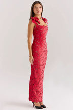 Square Neck Velvet Bow Strap Floral Lace Overlay Column Maxi Gown