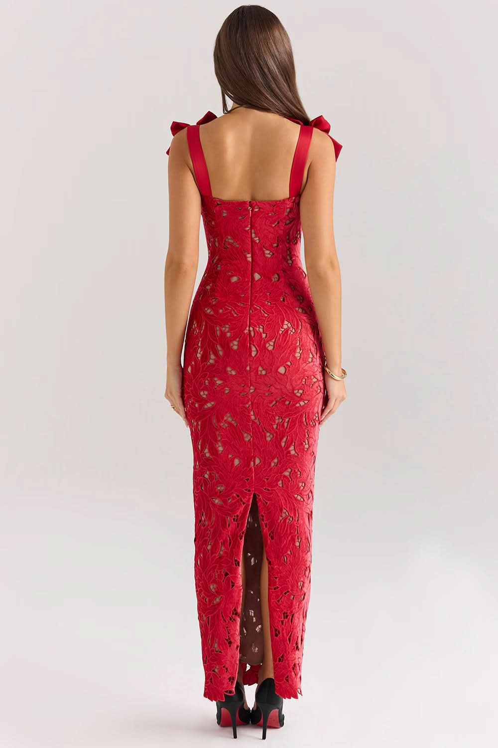 Square Neck Velvet Bow Strap Floral Lace Overlay Column Maxi Gown