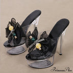 Transparent Platform Slipper For Women Mesh Bowknot Open Toe Super High Heels Party Stripper Shoes Clear Sandal - Size 35-43