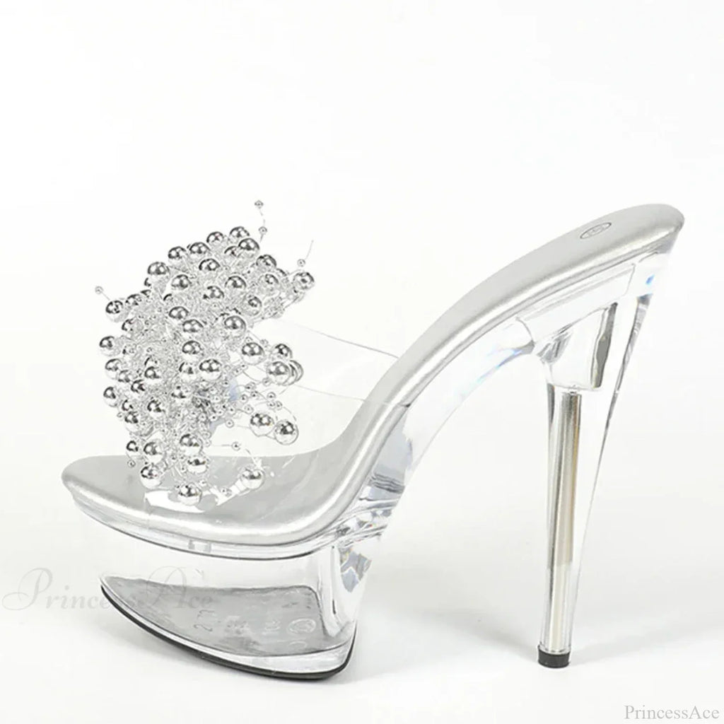 Transparent Slippers Silver Pearl Designer Sexy Open Toe Clear High Heels Platform Sandals High Heel