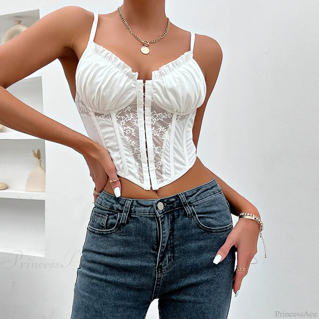 Trendy Mesh Fishbone Lace Pleated Sexy Crop Top