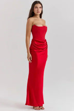 Strapless Peaked Corset Bodice Side Ruched Satin Column Maxi Gown