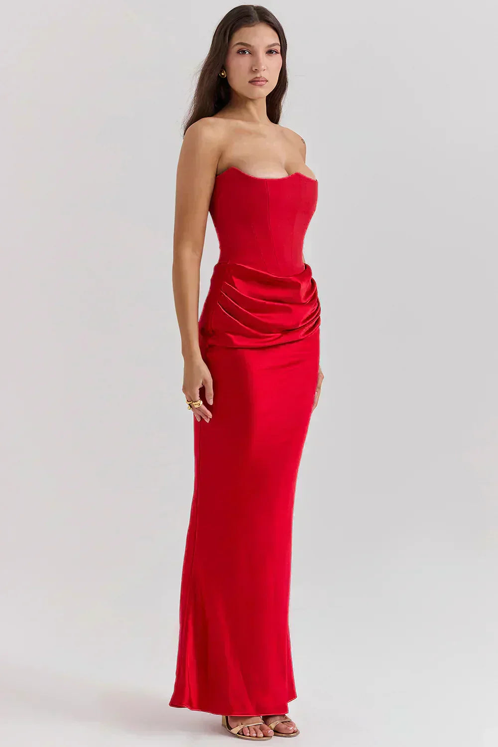 Strapless Peaked Corset Bodice Side Ruched Satin Column Maxi Gown