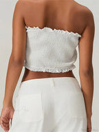 Tube Bow Lace Trim Ruched Plaid Crop Top