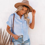 Turn Down Collar Cotton Linen Summer Blouse