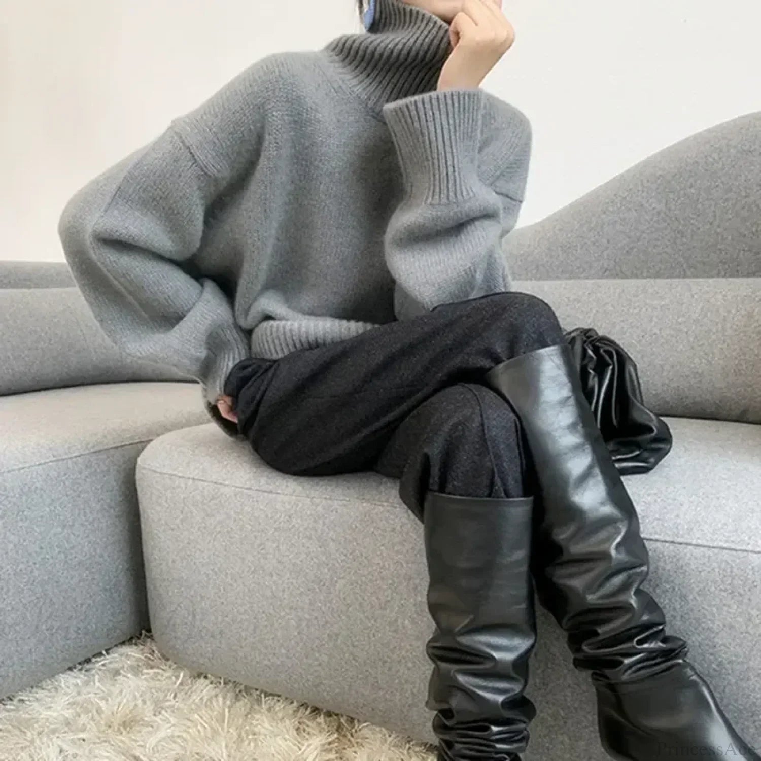 Turtleneck Elegant Gray Red Sweater