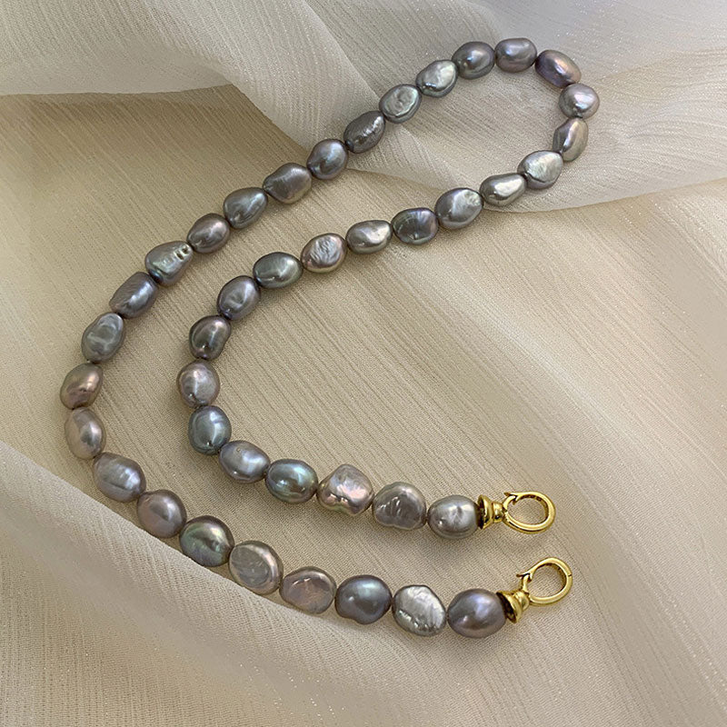 Gray Baroque Freshwater Pearl Choker Necklace with Double Clasp and Two Tone Design