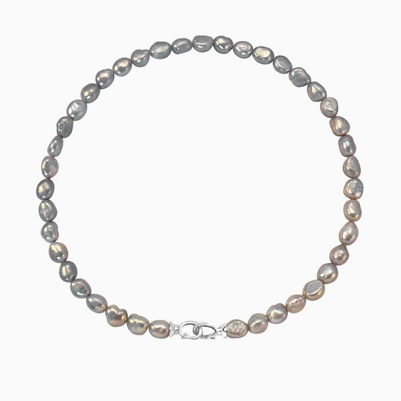 Gray Baroque Freshwater Pearl Choker Necklace with Double Clasp and Two Tone Design