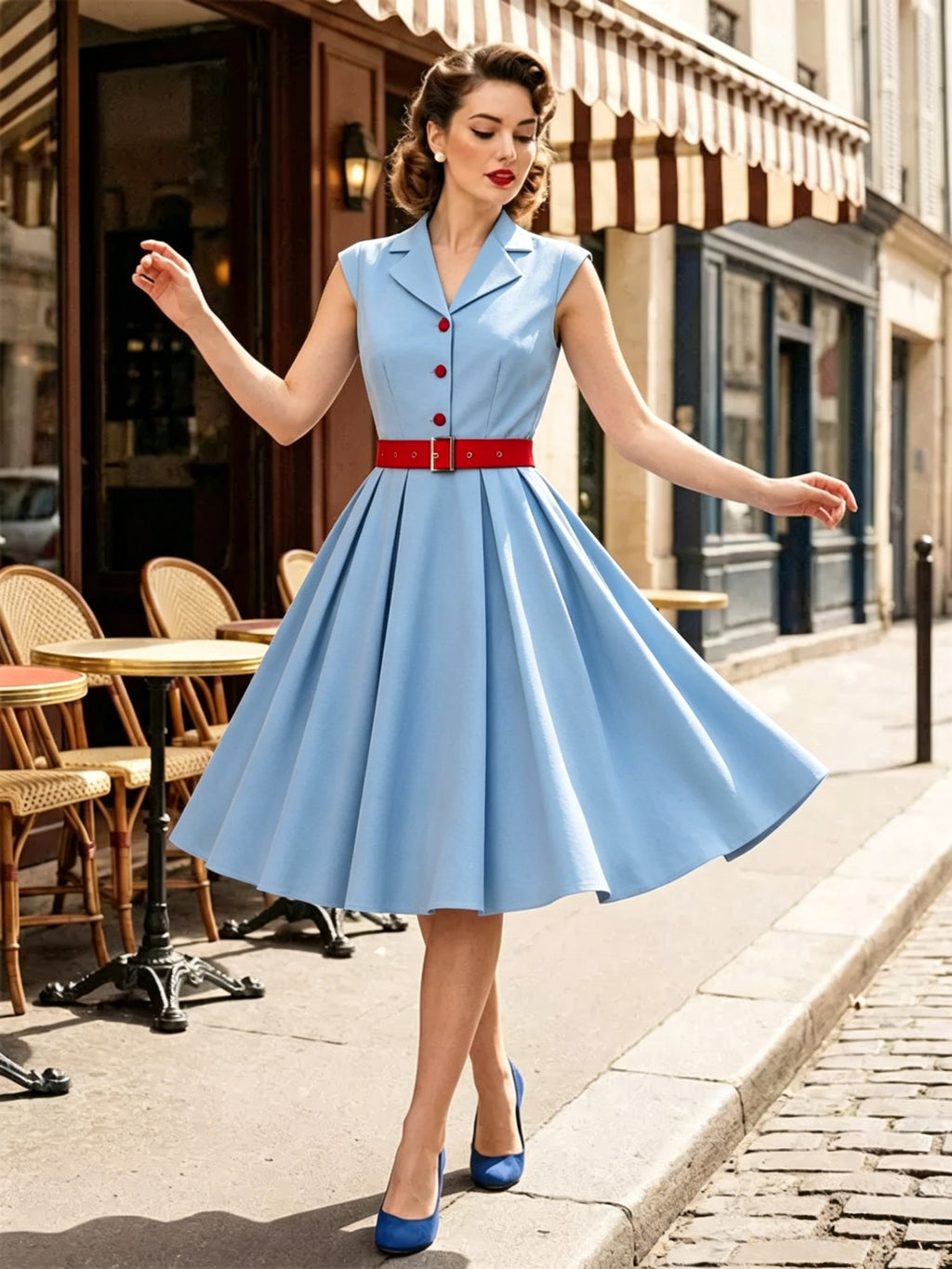 Women's 1950s Vintage Swing Dress Sleeveless Collared A-Line Tea Party Dress
