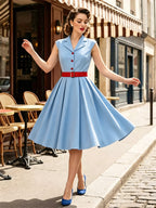 Women's 1950s Vintage Swing Dress Sleeveless Collared A-Line Tea Party Dress