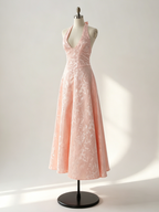 Soft Pink Floral Midi Dress Halter Summer A-line Vintage Dress For Women 2026