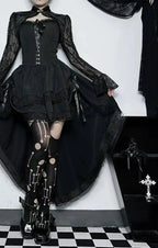 Uneven Folded Lace Black Midi Dress