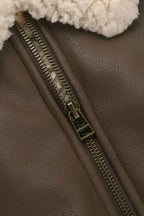 Unique Brown Fleece PU Panel Warm Windproof Coat