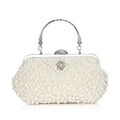Rhinestone Decorated Top Handle Pearl Clutch Bag in Beige