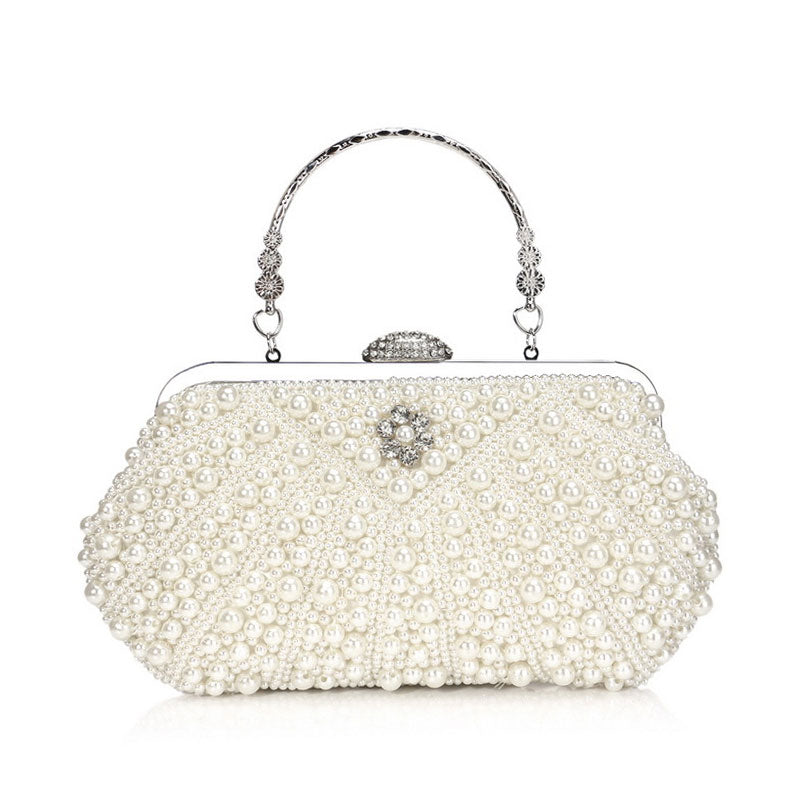 Rhinestone Decorated Top Handle Pearl Clutch Bag in Beige