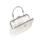 Rhinestone Decorated Top Handle Pearl Clutch Bag in Beige