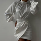 On A Escape Ruched Puff Sleeve Satin Mini Dress