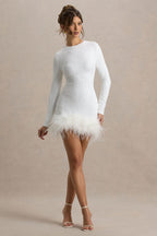 Sequin Long Sleeve Crew Neck Feather Hem Bodycon Mini Dress