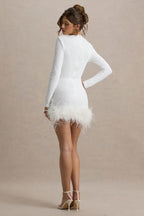 Sequin Long Sleeve Crew Neck Feather Hem Bodycon Mini Dress