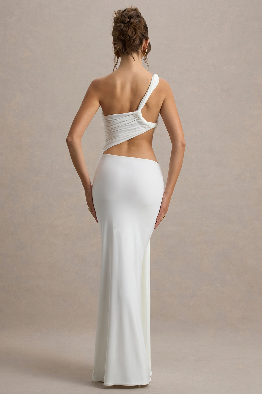 One Shoulder Ruched Bodice Waist Cut Out Knotted Hip Draped Maxi Gown